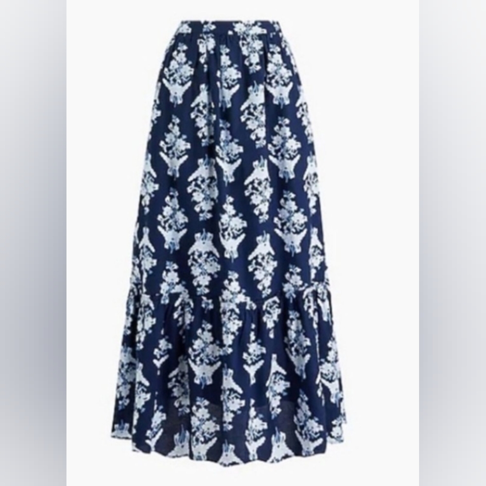 J. Crew blue floral tiered midi skirt